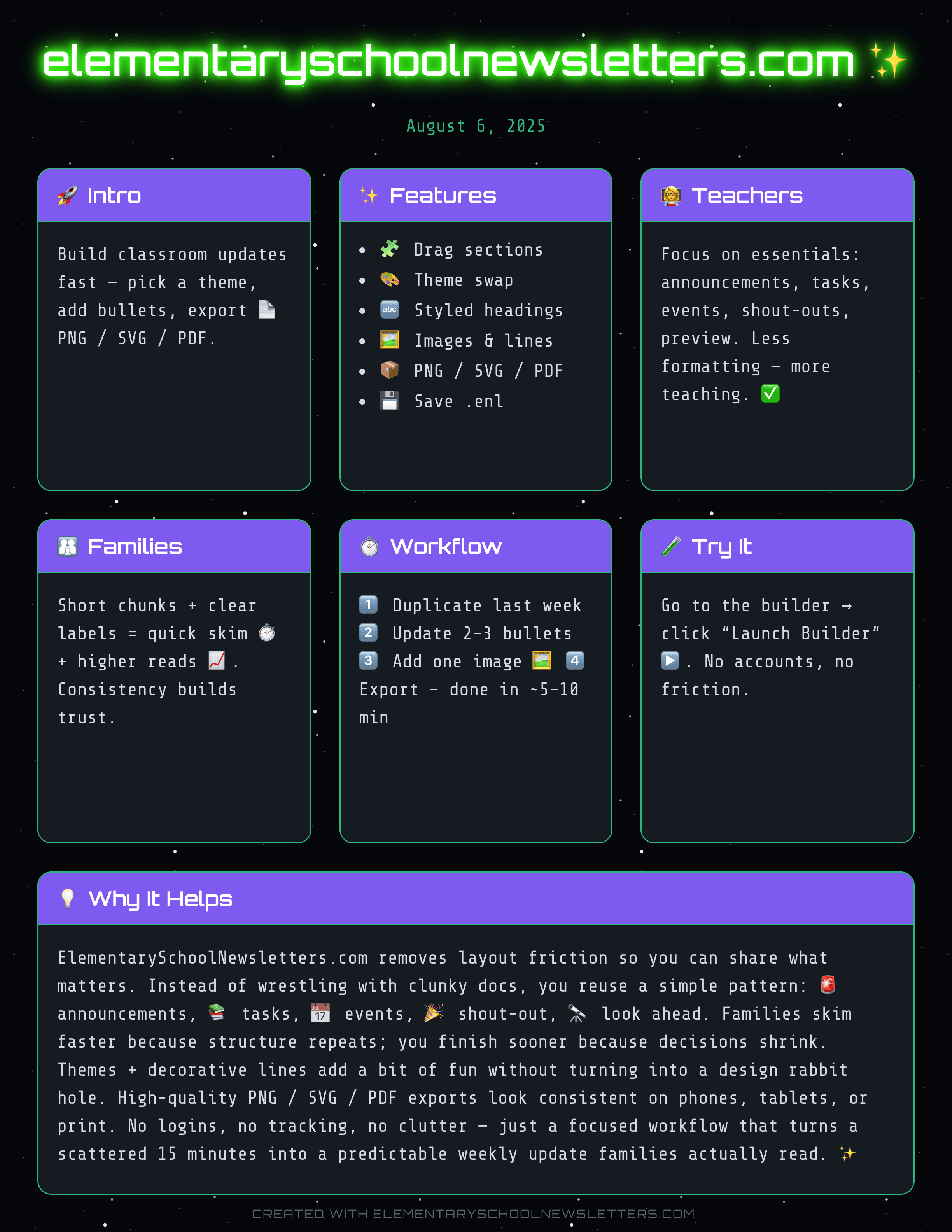 Space-themed newsletter with galaxy background